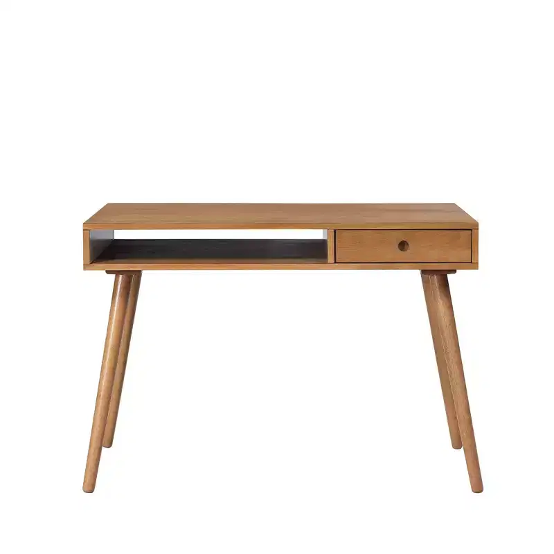 Parker Mid-Century Desk with Drawer Acacia Light Brown: MDF Top, Solid Wood Legs, Home Office Furniture