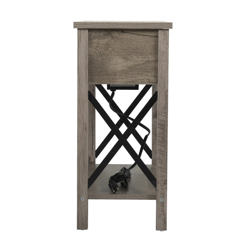 Farmhouse Flip Top End Table with Drawer, 2 AC Outlets & 2 USB Ports