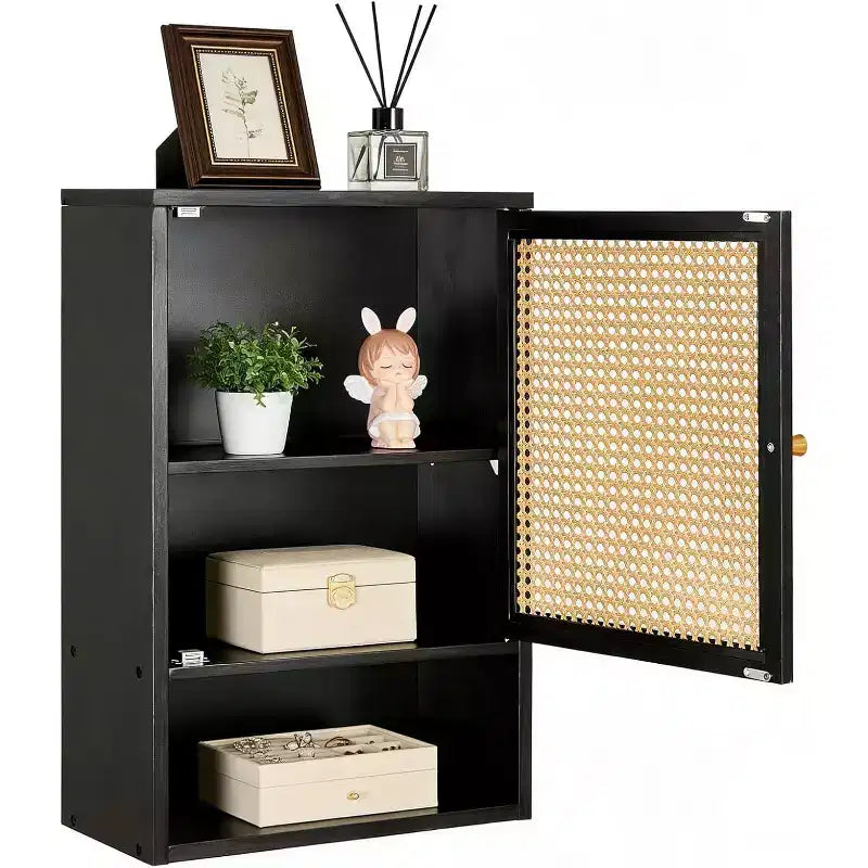 Bathroom Cabinet Wall Mount - Bamboo Over-Toilet Hanging Cabinet, Rattan Doors, Adjustable Shelf, Medicine Storage for Kitchen & Laundry