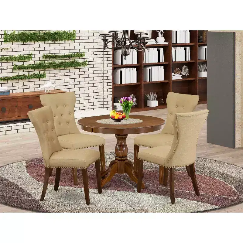 HomeStock 5-Piece Antique Walnut Finish Solid Wood Top Dining table with 4 Chairs