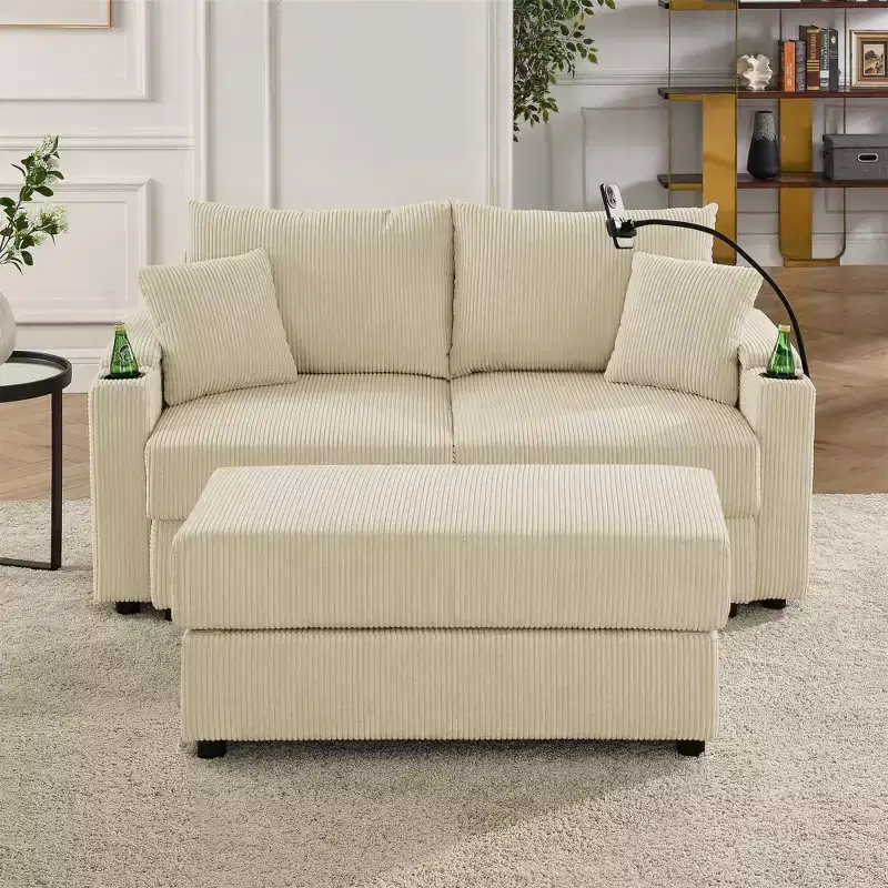 GDFStudio Jean Modern Corduroy 73 Loveseat with Cup Holders, Armrest Storage, Mobile Phone Holder and Ottoman