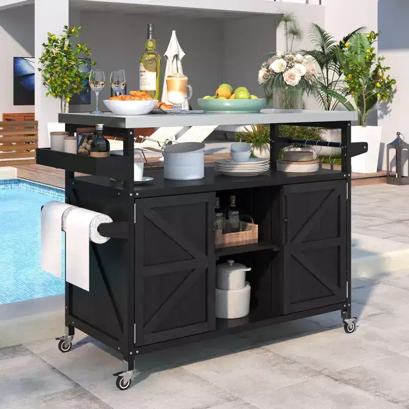 Outdoor Kitchen Island with Stainless Steel Top, Wooden Kitchen Cart with Doors, Shelves and Spice Rack, Rolling Kitchen Island