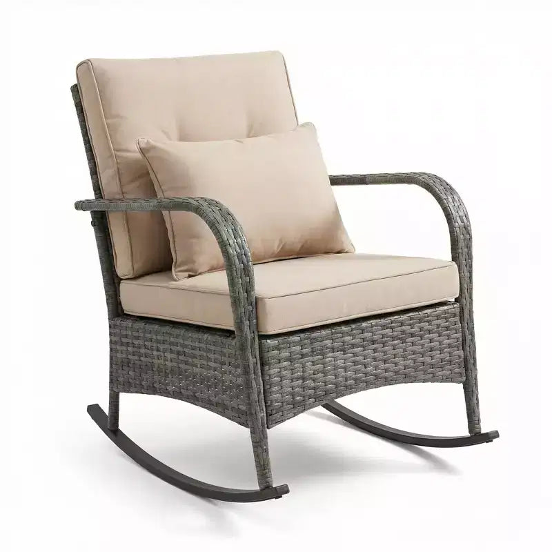 Outdoor Rocking Chair, Patio Rattan Rocker Chair with Cushions & Steel Frame for Garden, Porch, Backyard, Poolside