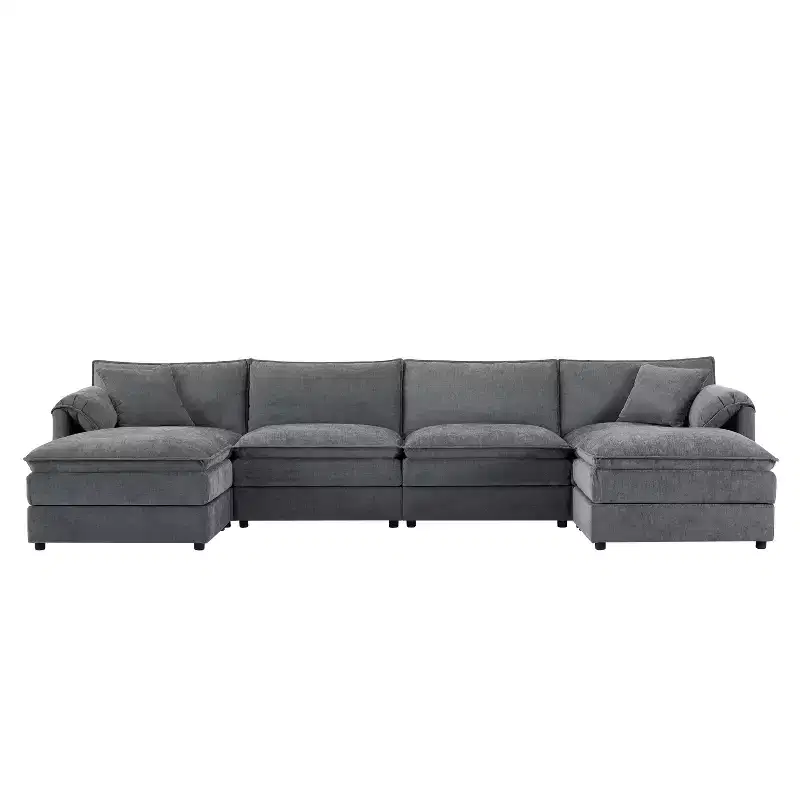 Polibi 6-Piece Chenille U-Shaped Modular Sectional Sofa with Dual Ottomans and Double-Layer Cushions