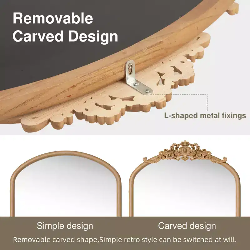 Hand-Carved Solid Wood Rattan Weave Right-Angle Slightly Arched Brown Wall Mirror