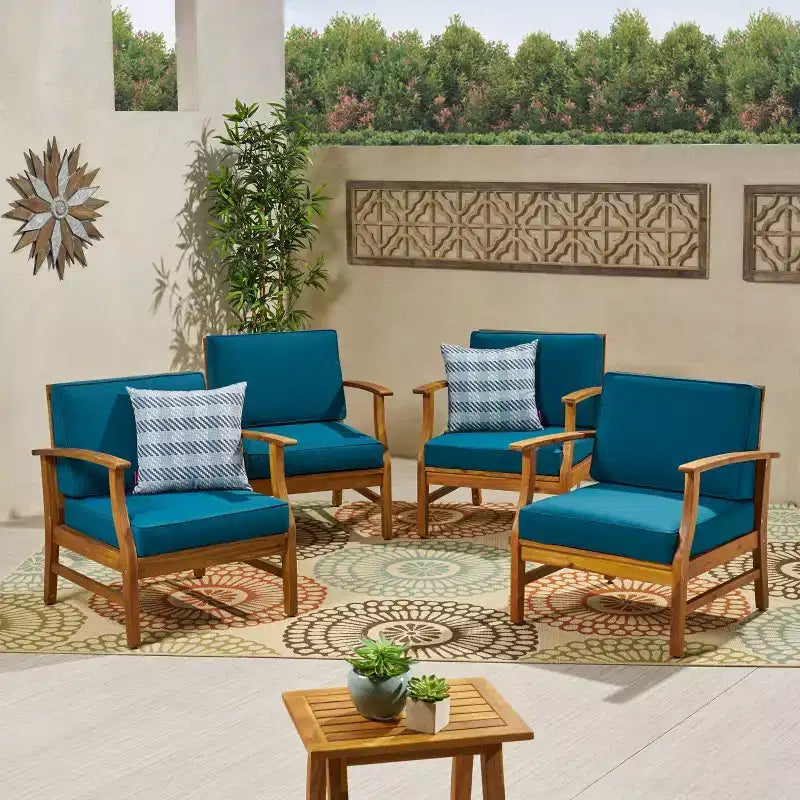 Perla 4pk Acacia Wood Club Chairs - Teak/Blue - Christopher Knight Home