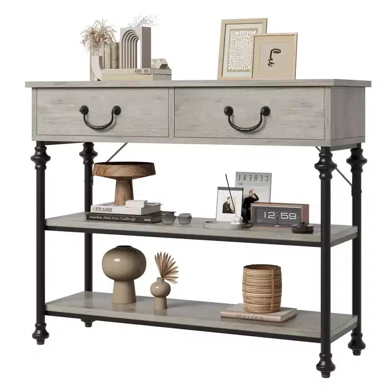 Slim Console Table with 2 Drawers and Open Shelves, Brown