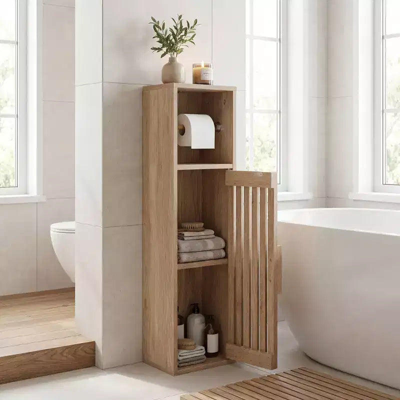 Costway Slim Bathroom Cabinets, Freestanding Toilet Paper Holder Stand with Door,Natural
