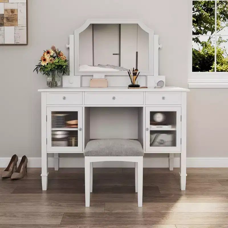GDFStudio Teuvo Vanity Set, Large Dressing Table with Swivel Mirror, Stool, Cabinet and 5 Drawers