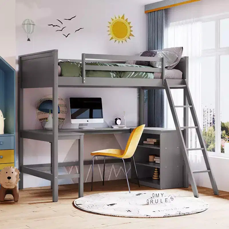 Twin Size Loft Bed with Shelves & Desk - Solid Pine, Gray